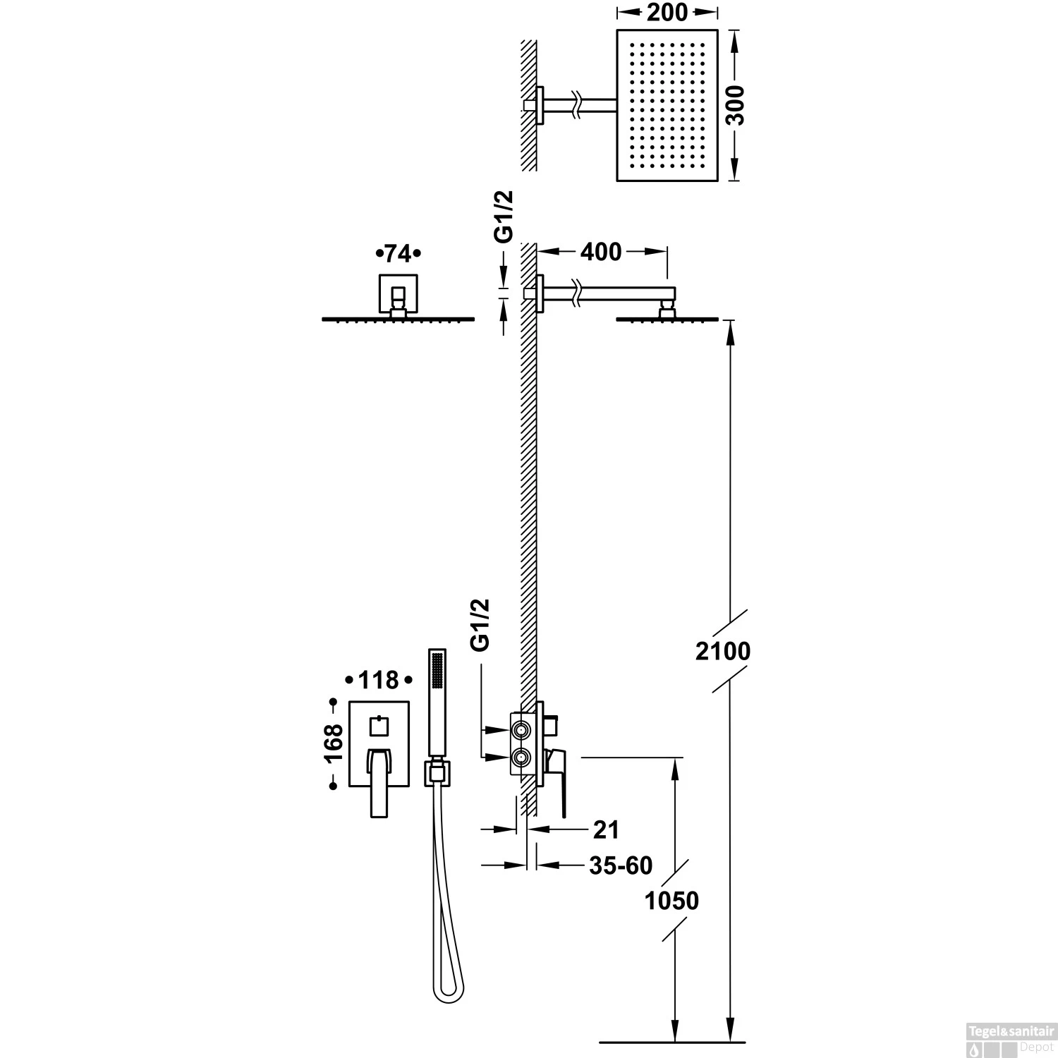 Regendoucheset Inbouw Tres Slim Exclusive Met Wandarm En Handdoucheset Met Staafhanddouche Mat Wit - Afbeelding 2