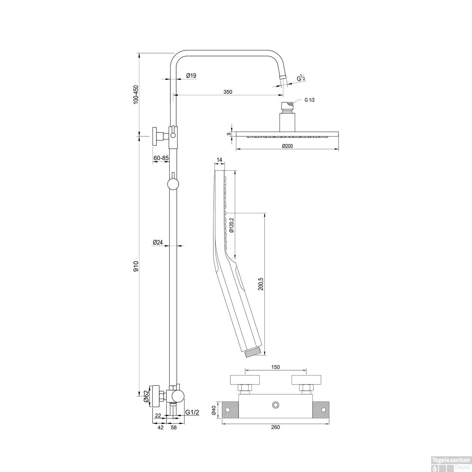 Regendoucheset Opbouw Brauer Chrome Carving 20 Cm Thermostatisch Met Handdouche 3-Standen Chroom - Afbeelding 7