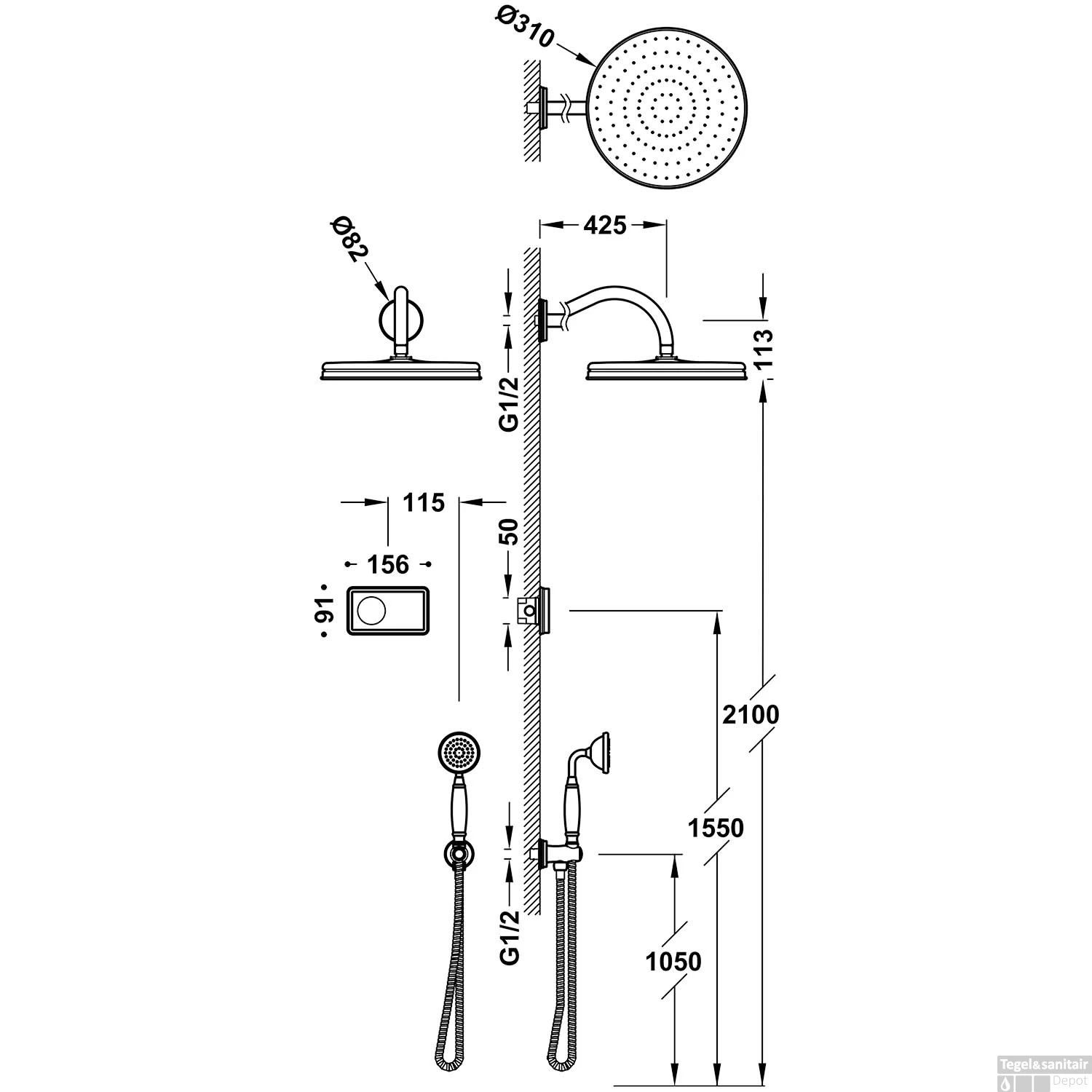 Regendoucheset Tres Clasic Inbouw Elektronische Thermostaat Incl. Handddouche RVS - Afbeelding 2
