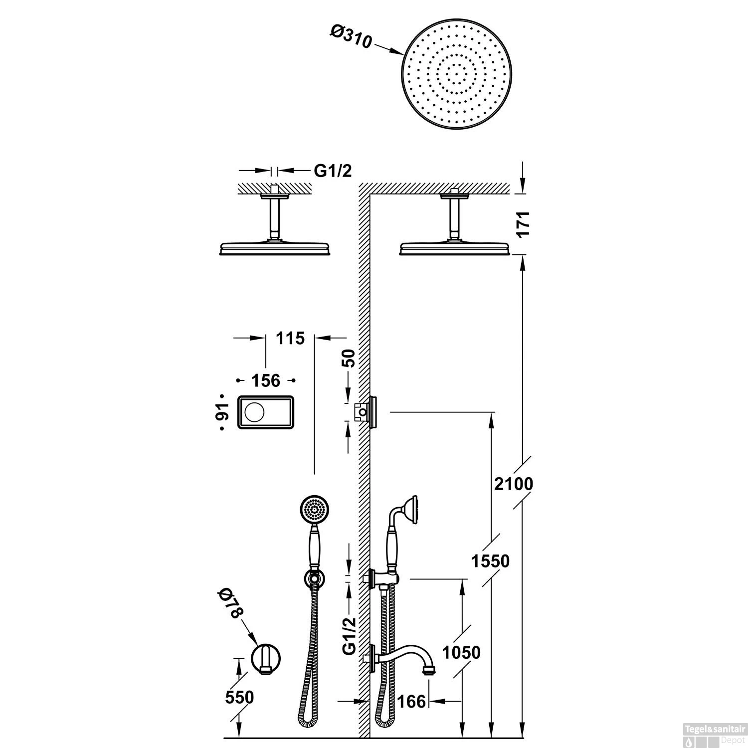 Regendoucheset Tres Clasic Inbouw Plafondarm Elektronische Thermostaat Incl. Handddouche 3-weg RVS - Afbeelding 2