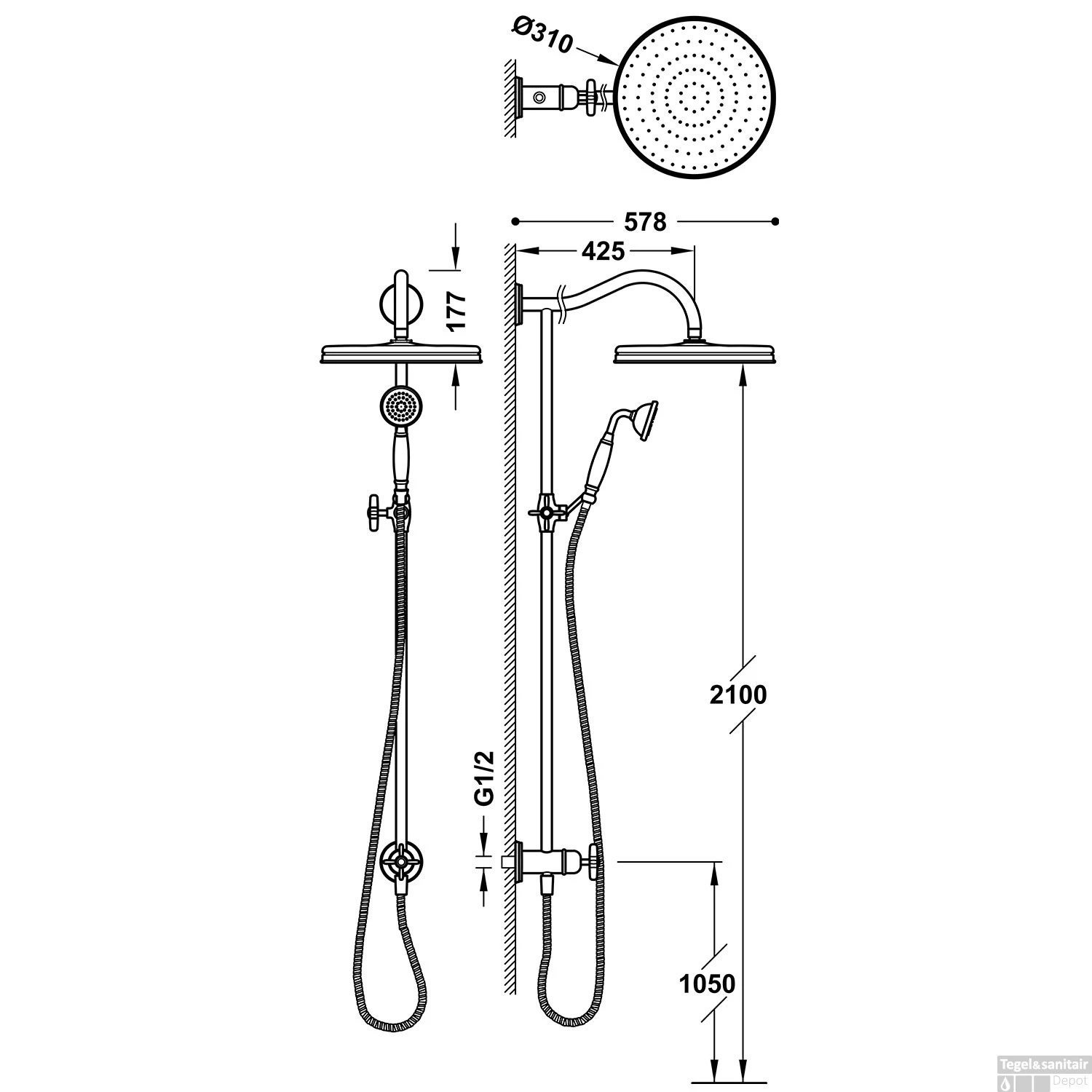 Regendoucheset Tres Clasic Opbouw Incl. Handdouche Chroom - Afbeelding 2
