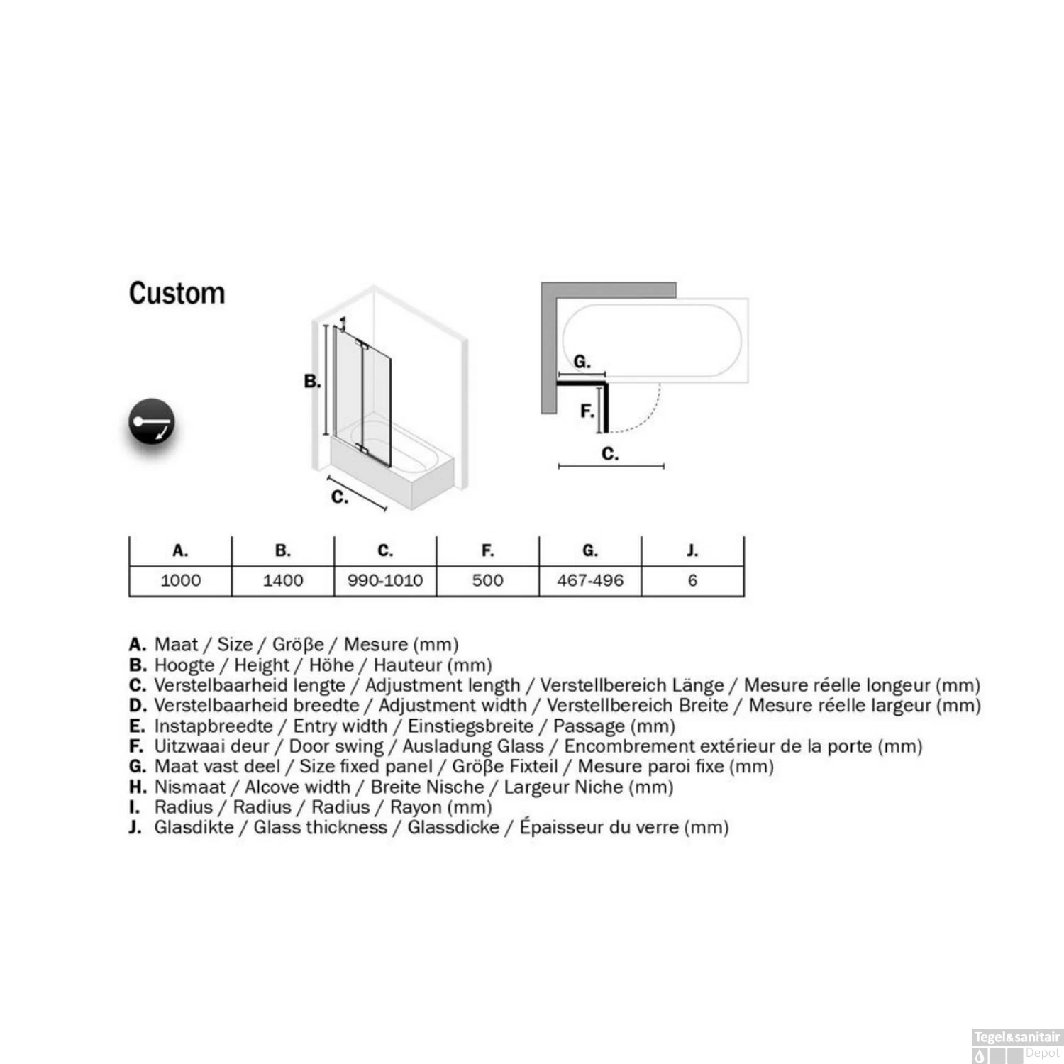 Badwand Sealskin Custom 100x140 Cm Rechts Zilver Hoogglans Helder Glas - Afbeelding 8