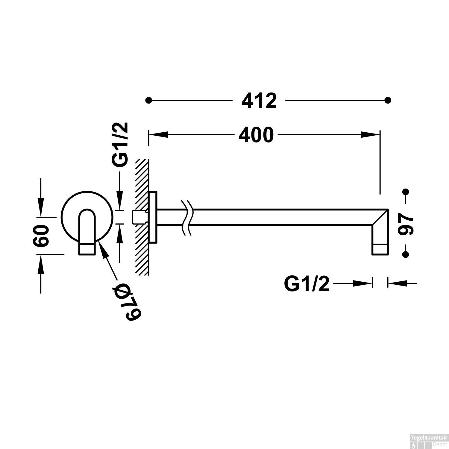 Wandarm Tres 40 Cm Met Scherpe Bocht Mat Wit - Afbeelding 2