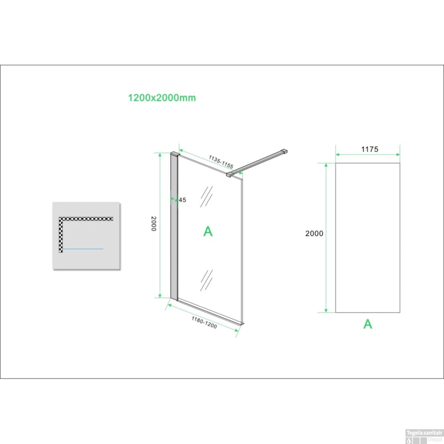 Wiesbaden Safety Glass 2.0 Inloopdouche Met Zwart Muurprofiel 1200x2000 10mm NANO Glas - Afbeelding 8